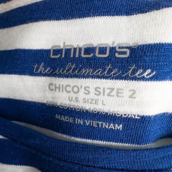 Chicos Cotton Slub Stripe Button Back Tee Womens 2 (L) Seafaring Blue Nautical - Picture 3 of 15